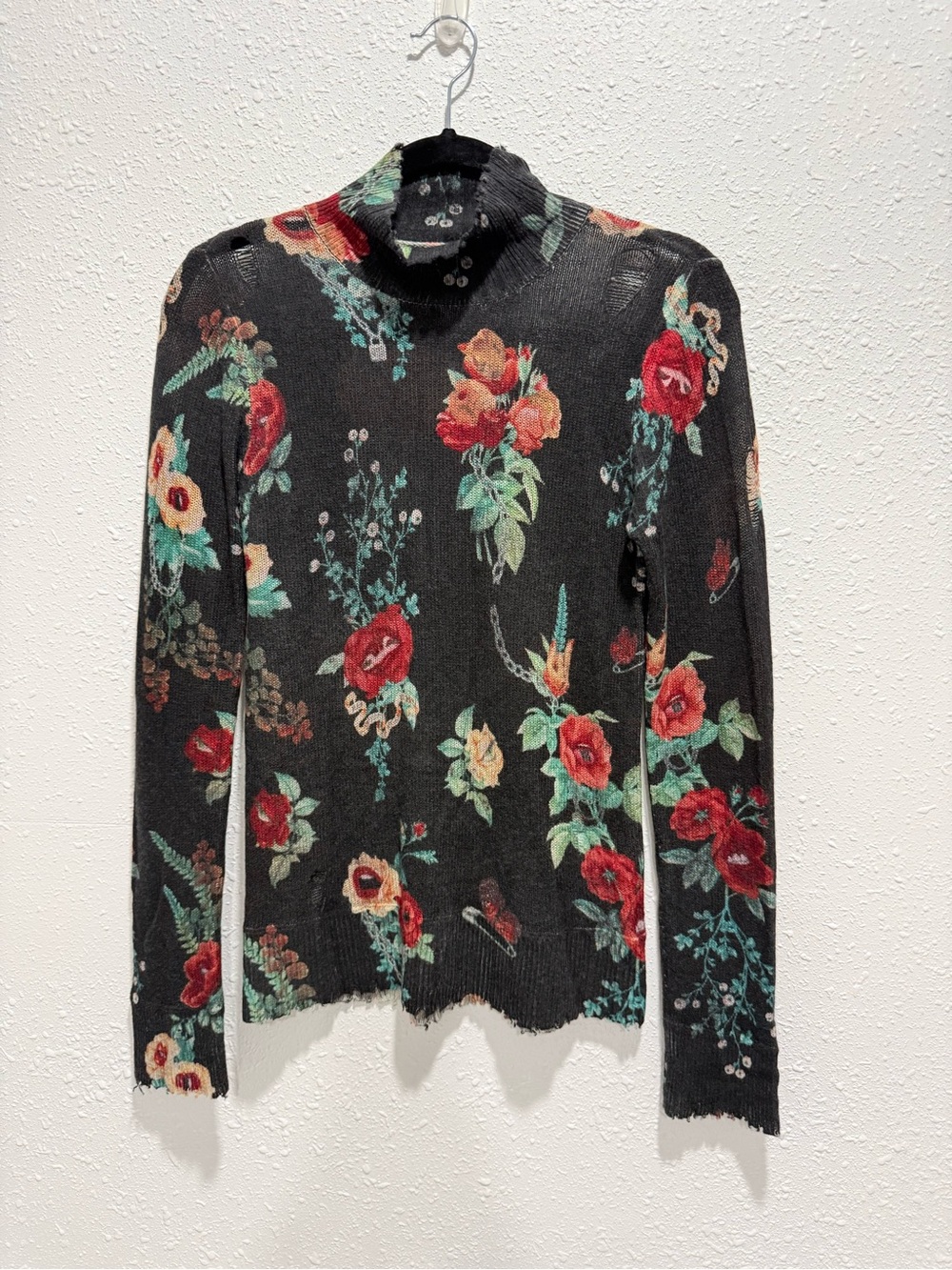 R13 distressed 100% cashmere Black Floral Mock Neck Sweater M - Picture 4 of 9